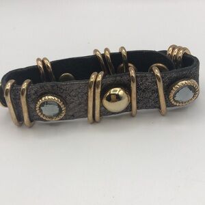 King Star Champagne Leather Clear Crystal Studs Gold Tone Snap Wrap Bracelet